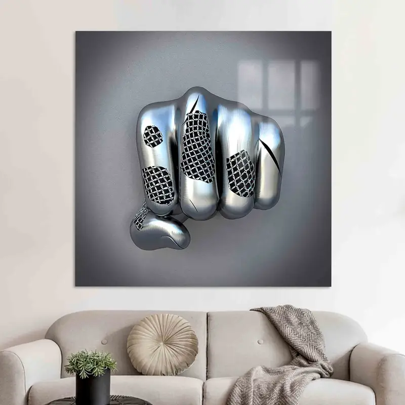 メタリック フィスト 3D 効果 シルバー コンテンポラリー ラグジュアリー キャンバス プリント