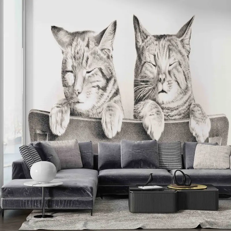 Two Cute Cats Mural, Animal Wall Poster, Lovely Cat Wall Mural, Lovely Animals Wallpaper, 3D Printing Art, Removable Wallpaper, - 3