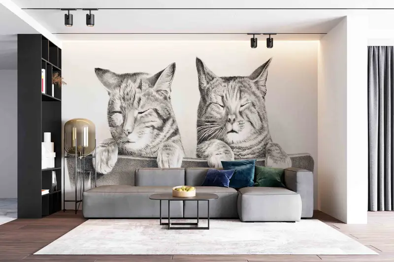 Two Cute Cats Mural, Animal Wall Poster, Lovely Cat Wall Mural, Lovely Animals Wallpaper, 3D Printing Art, Removable Wallpaper, - 9