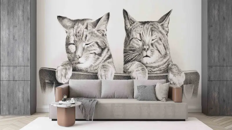 Two Cute Cats Mural, Animal Wall Poster, Lovely Cat Wall Mural, Lovely Animals Wallpaper, 3D Printing Art, Removable Wallpaper, - 1
