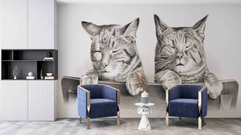 Two Cute Cats Mural, Animal Wall Poster, Lovely Cat Wall Mural, Lovely Animals Wallpaper, 3D Printing Art, Removable Wallpaper, - 4