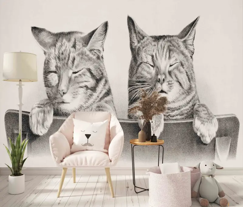 Two Cute Cats Mural, Animal Wall Poster, Lovely Cat Wall Mural, Lovely Animals Wallpaper, 3D Printing Art, Removable Wallpaper, - 5