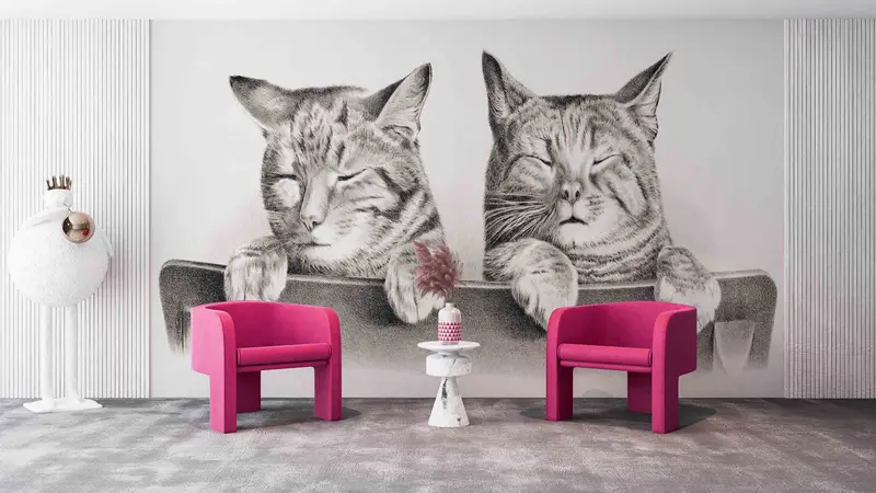 Two Cute Cats Mural, Animal Wall Poster, Lovely Cat Wall Mural, Lovely Animals Wallpaper, 3D Printing Art, Removable Wallpaper, - 2
