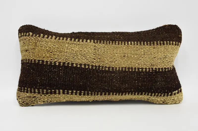 Wool Kilim Pillow Cushion, Pillow for Couch, Sofa Bolster Pillow, Home Decor Pillow, Cushion Case, Turkish Pillow, 8x16 Brown Cushion Cover - 1