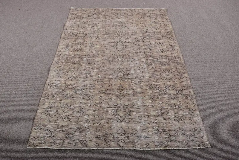 4.2x6.2 ft Vintage Oushak Halı, Kahverengi Puantiyeli Türk Yün Halısı - 1