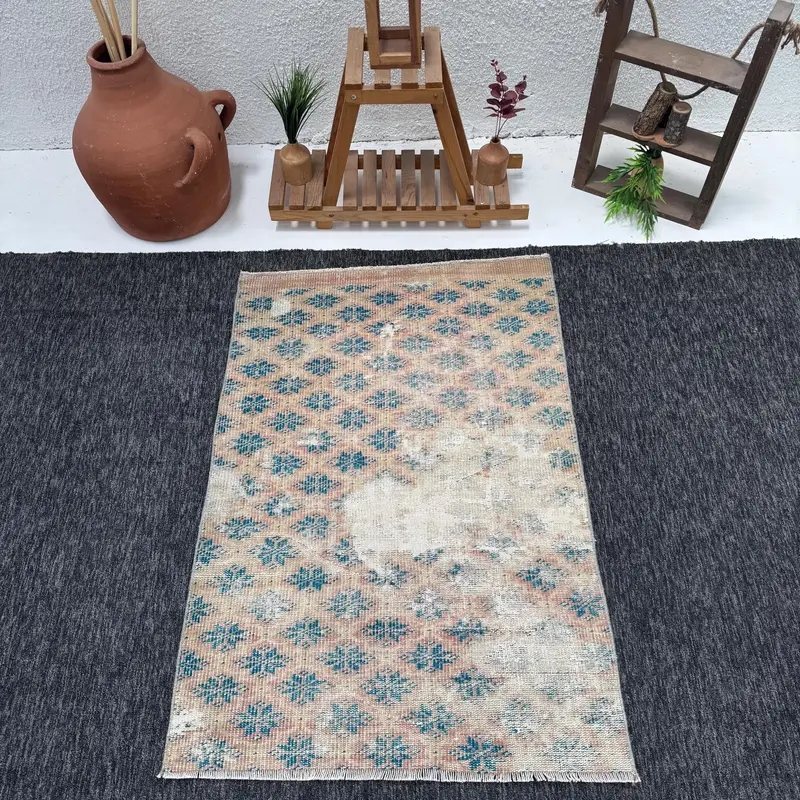 3x4.3 ft Small Turkish Rug, Vintage Rug, Orange Blue Floral Wool Rug - 1