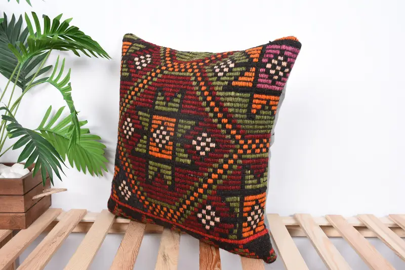 Office Chair Pillow Sham, 20x20 Red Pillow, Pillow Case, Ethnical Kilim Rug Pillow, Boho Pillow Sham Cover, Throw Kilim Pillow - 5