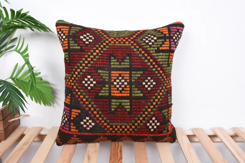 Office Chair Pillow Sham, 20x20 Red Pillow, Pillow Case, Ethnical Kilim Rug Pillow, Boho Pillow Sham Cover, Throw Kilim Pillow - 1