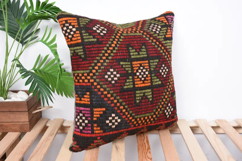 Office Chair Pillow Sham, 20x20 Red Pillow, Pillow Case, Ethnical Kilim Rug Pillow, Boho Pillow Sham Cover, Throw Kilim Pillow - 4