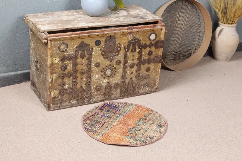 Turuncu ve Mavi Kareli Halı, 1,7x1,7 ft Canlı Dekor