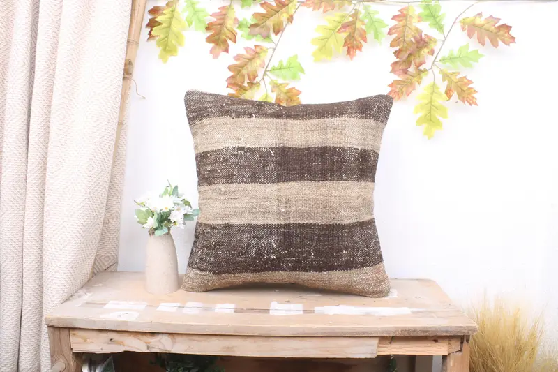 Handmade Kilim Cushion, Pillow for Sofa, Boho Chic Pillow, 18x18 Brown Pillow Cover, Pillow Sham, Car Pillow Sham, Throw Kilim Pillow - 1