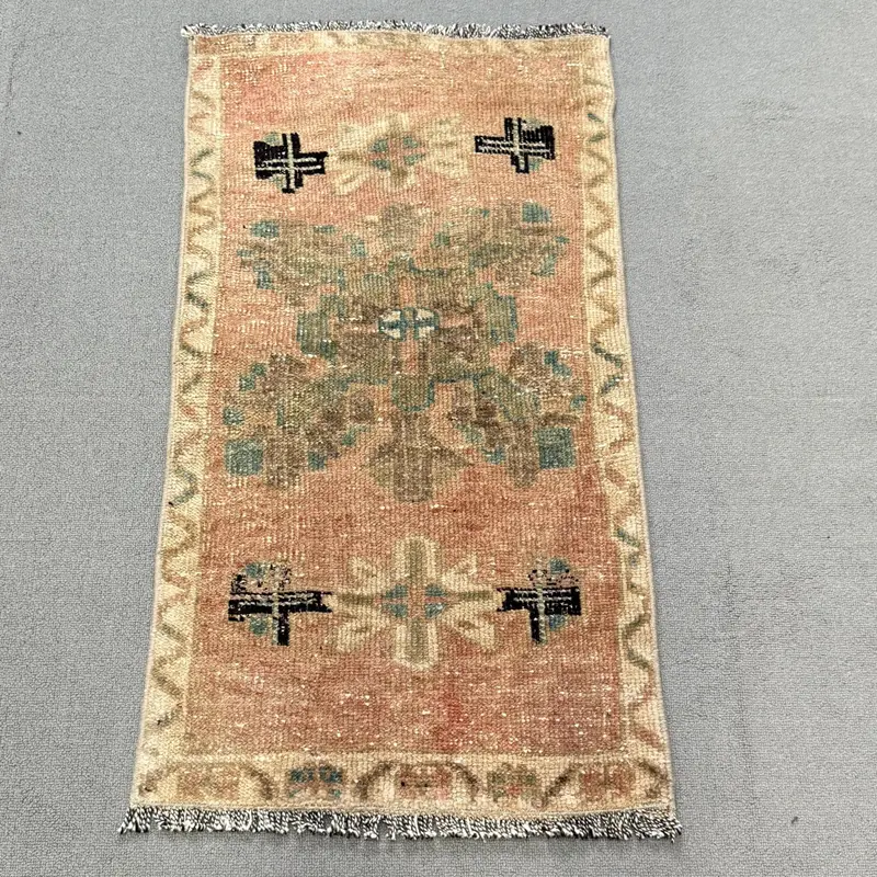 Türk Vintage Oushak Küçük Halı 1.6x3 ft, Kahverengi Çiçekli Halı Yün - 1