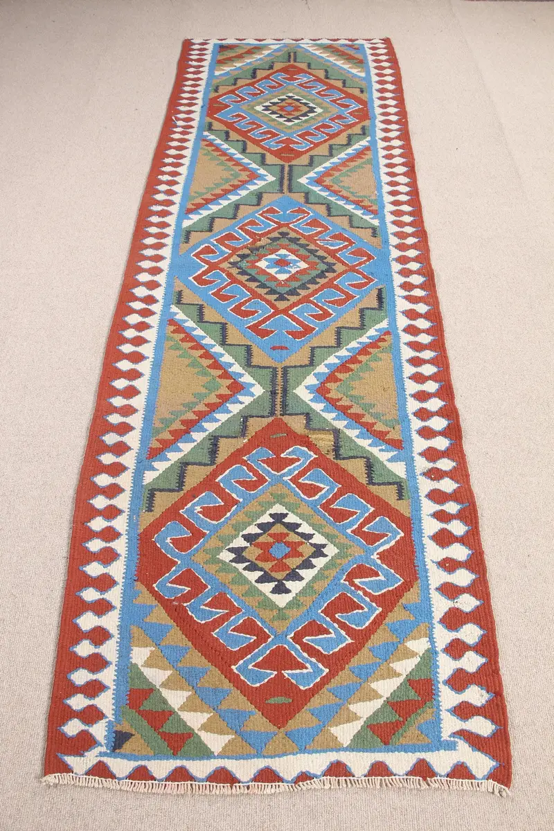 エレガントなグリーン&ブルーラグ、2.9x9.3フィート花柄&幾何学模様