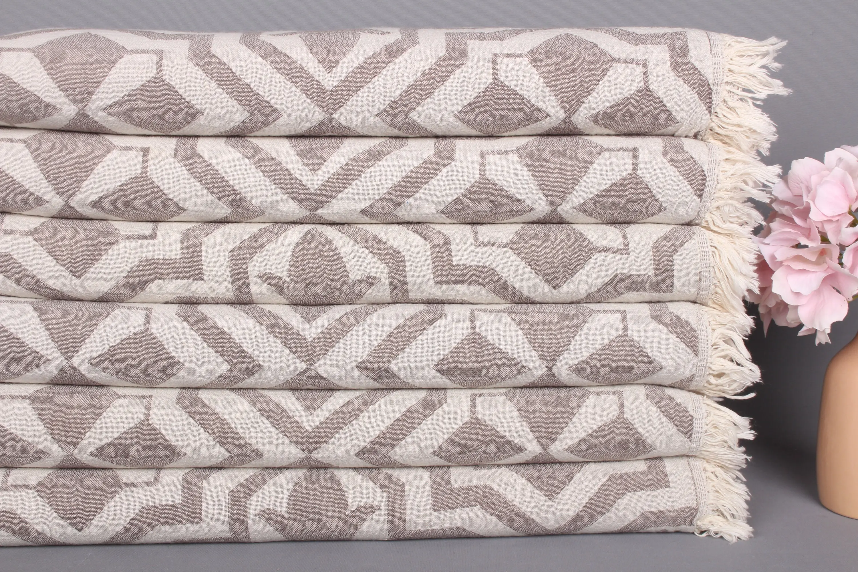 Turkish Hand Towel Tulip Patterned Cotton, Brown Beige, 24x40 Inches - 1