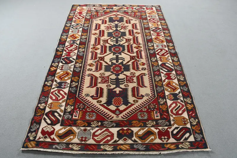 Türk 4.3x7.1 ft Halı, Oushak Vintage Halı, Kırmızı Oryantal Halı Yün - 1
