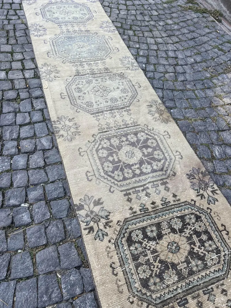 Turkish Runner Rug, 2.7x21.7 ft Vintage Rug, Gray Oushak Wool Rug - 1