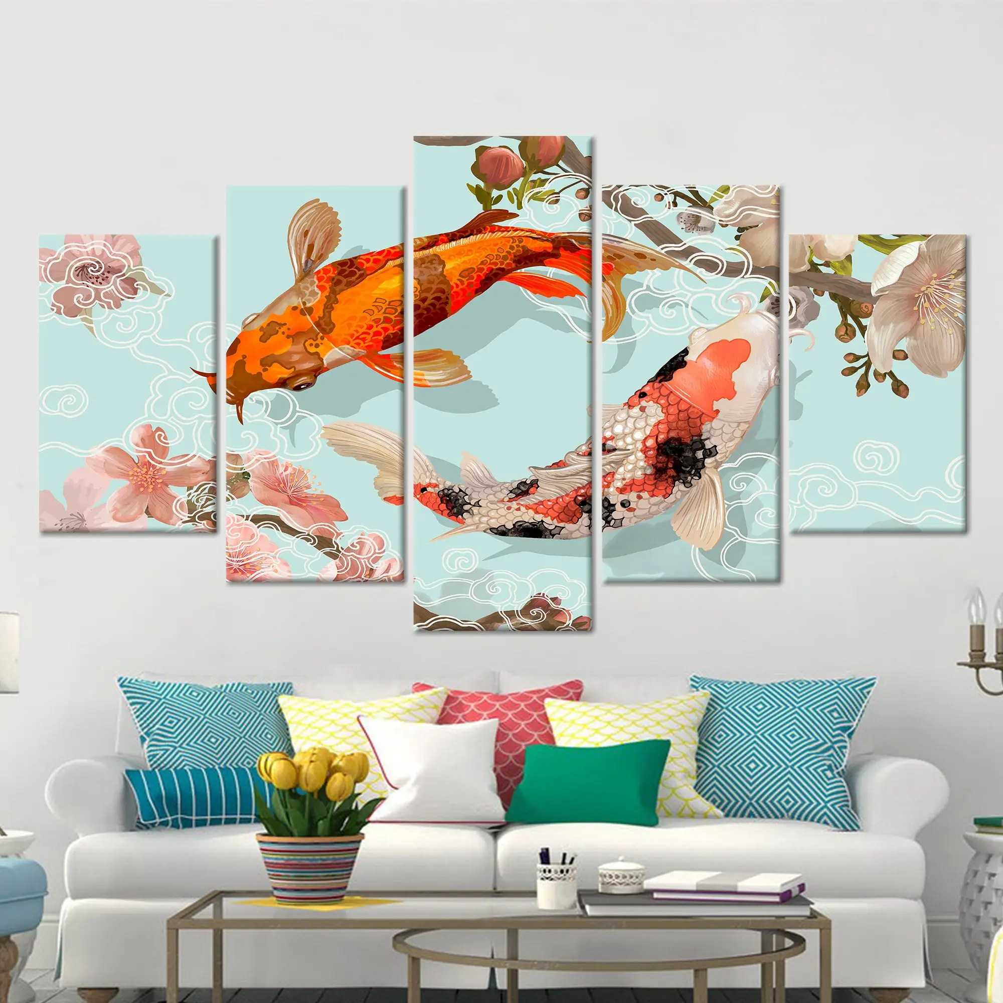 Modern Zen Koi Fish Canvas: Japanese Floral Abstract Art