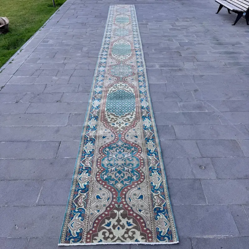 3.2x30.3 ft Vintage Runner Rug, Blue Red Turkish Moroccan Wool Rug - 1