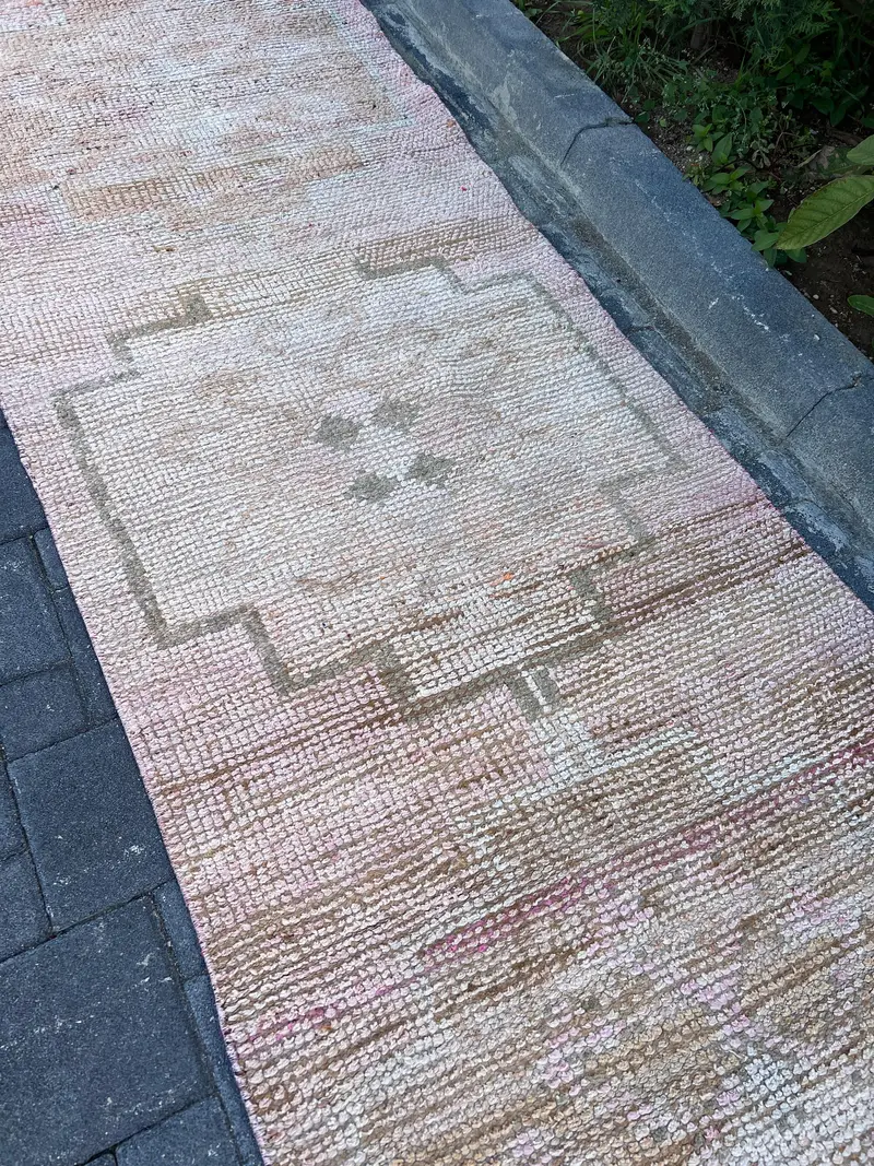 Vintage 3.2x11 ft Halı, Runner Türk Halısı, Kahverengi Pembe Soyut Yün Halı - 1