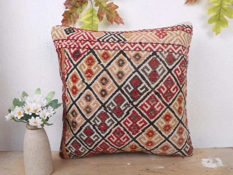 Rot-braunes geometrisches Wurfkissen, Vintage besticktes Kissen