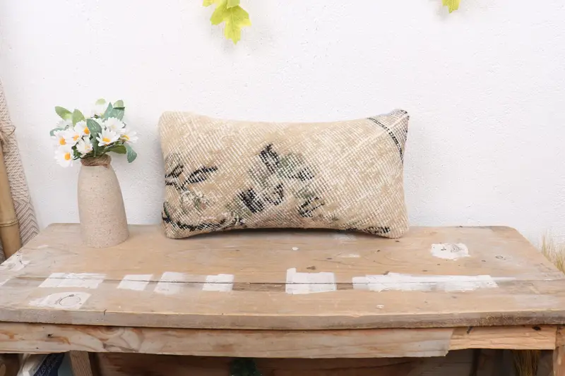 Kilim Cushion Sham, Retro Throw Pillow Cover, Bright Cushion, 8x16 Beige Cushion Cover, Pillow for Sofa, Pillow Sham, Vintage Pillow - 1