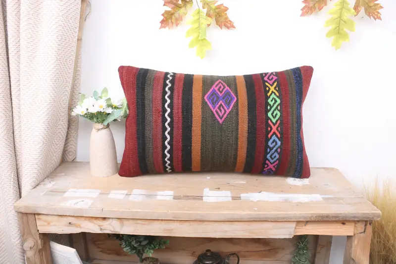 Pillow Sham, Turkish Pillow, Ethnical Kilim Rug Pillow, Shabby Chic Cushion, Shabby Chic Cushion Cover, Pillow for Couch, 12x20 Brown Cushion Case - 1
