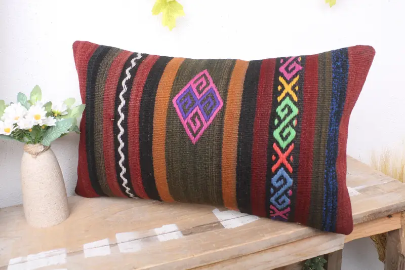 Pillow Sham, Turkish Pillow, Ethnical Kilim Rug Pillow, Shabby Chic Cushion, Shabby Chic Cushion Cover, Pillow for Couch, 12x20 Brown Cushion Case - 4