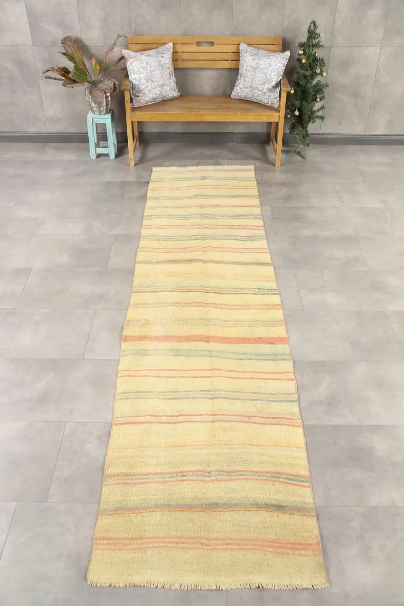 2.7x11.3 ft Turkish Vintage Rug, Runner Rug, Yellow Orange Solid Wool Rug - 1