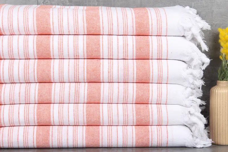 Organic Towel Orange Striped Peshtemal, Beige, 32x67 Inches
