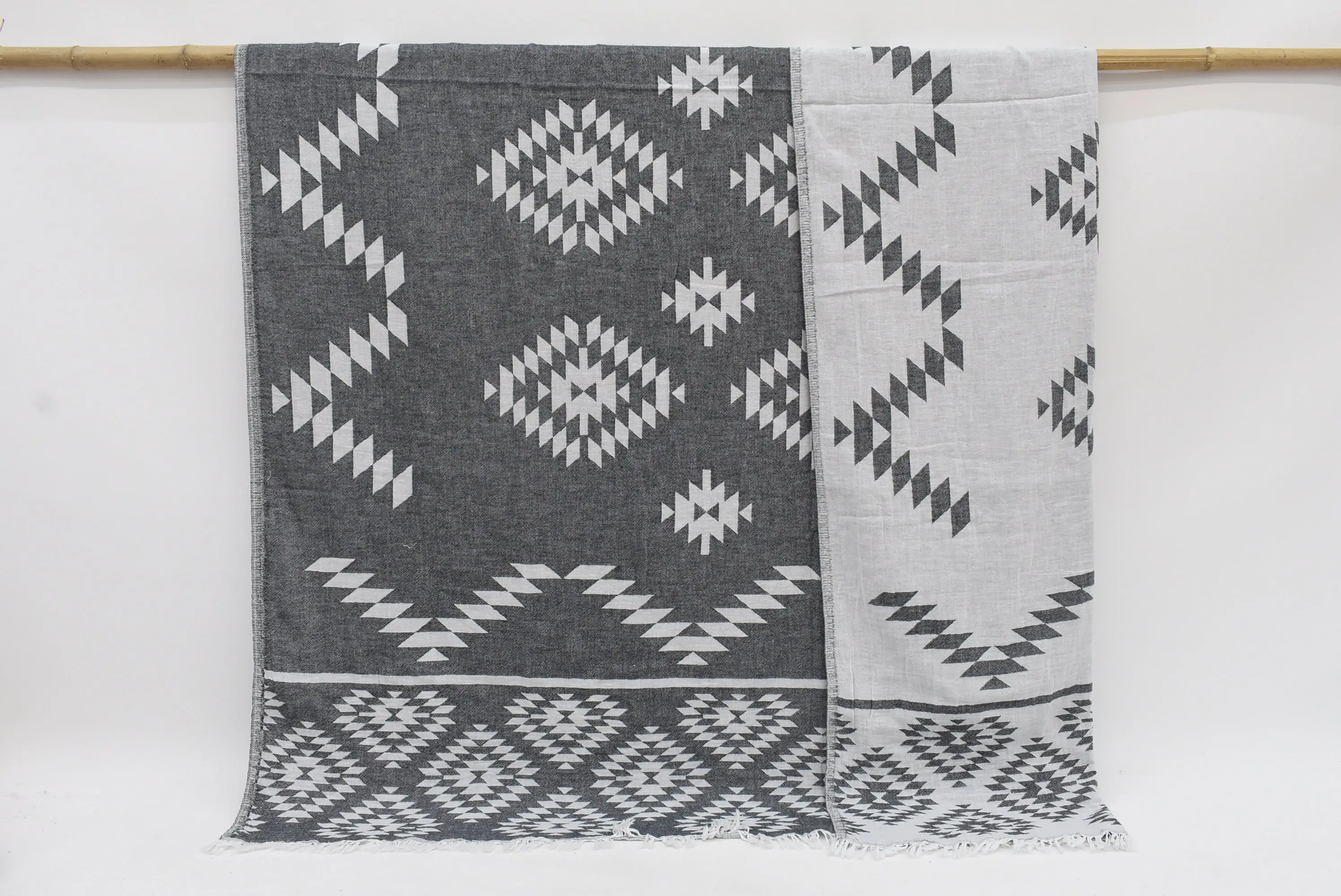 Outdoor Black Turkish Blanket, Geometric Pattern, Cotton, 78x60 Inches - 1