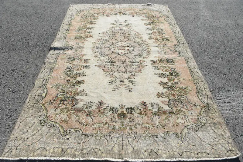 Vintage Türk Oushak Büyük Halı 5.6x9 ft, Gri Kareli Halı Yün - 1