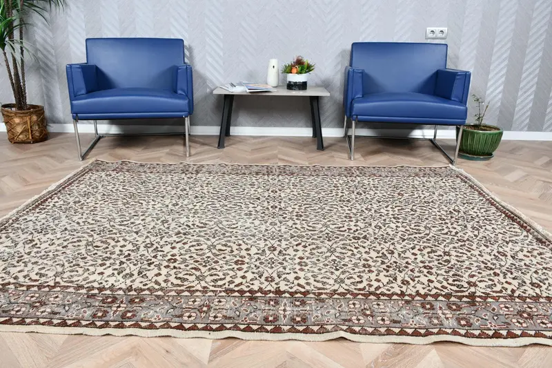 5.5x7.3 ft Halı, Büyük Vintage Halı, Kahverengi Oushak Ikat Halı - 1