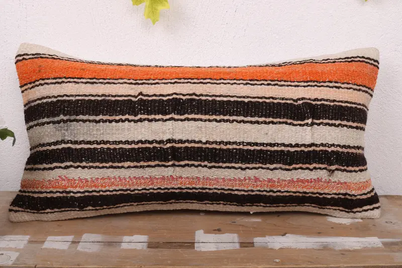 Boho Pillow Sham Cover, Ethnical Kilim Rug Pillow, Vintage Kilim Pillow, 12x24 White Pillow, Pillow Sham, Bolster Cushion Cover - 2