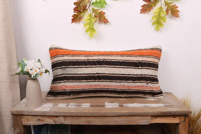 Boho Pillow Sham Cover, Ethnical Kilim Rug Pillow, Vintage Kilim Pillow, 12x24 White Pillow, Pillow Sham, Bolster Cushion Cover - 1