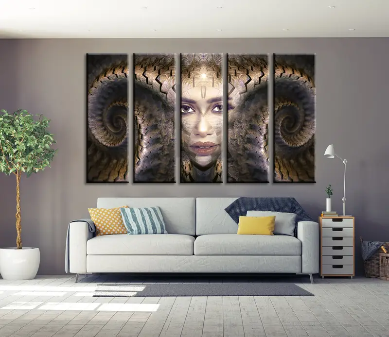 Lienzo de cuernos de mujeres, arte clásico, lienzo de arte de astrología, entrenador de arte de pared, decoración de arte de pared, niña con arte, arte de fantasía retrato - 2