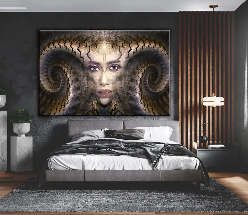 Lienzo de cuernos de mujeres, arte clásico, lienzo de arte de astrología, entrenador de arte de pared, decoración de arte de pared, niña con arte, arte de fantasía retrato - 1