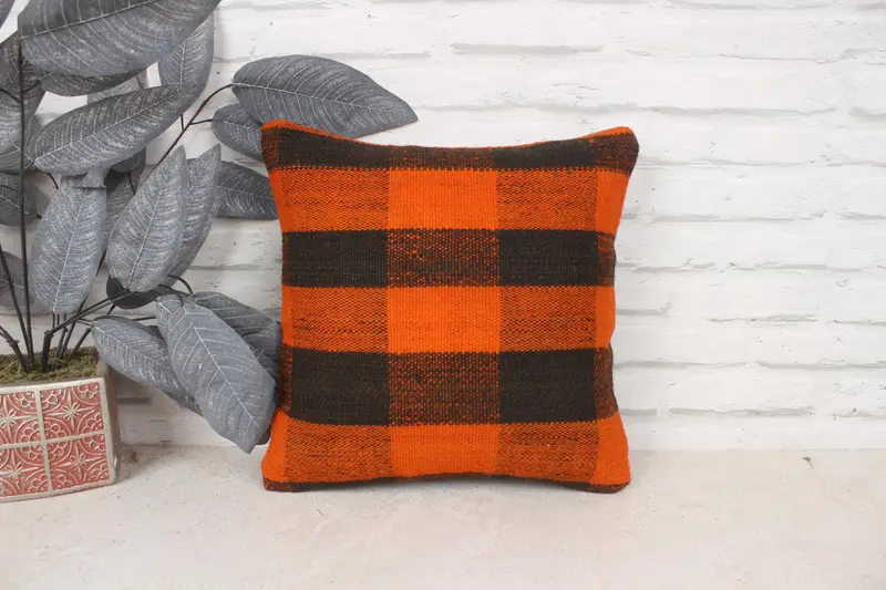 Kilim Pillow Cover, Kilim Rug Cushion Case, Vintage Kilim Throw Pillow, 14x14 Orange Pillow, Cushion Cover, Interior Designer Pillow - 1