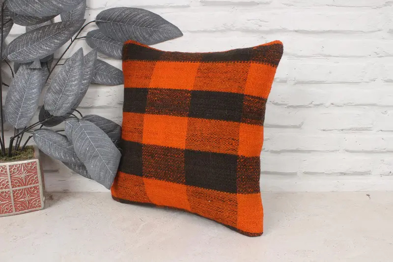 Kilim Pillow Cover, Kilim Rug Cushion Case, Vintage Kilim Throw Pillow, 14x14 Orange Pillow, Cushion Cover, Interior Designer Pillow - 4