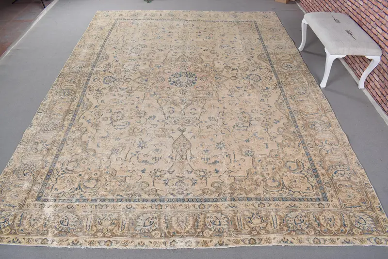 Zarif Bej ve Mavi Halı, 0,8x12,5 ft Bitki Desenli