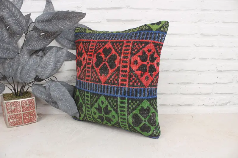 Boho Pillow, Bolster Throw Cushion, Kilim Pillow Cover, 16x16 Red Pillow Case, Vintage Kilim Pillow, Car Pillow, Cushion Cover, Handmade Pillow - 4