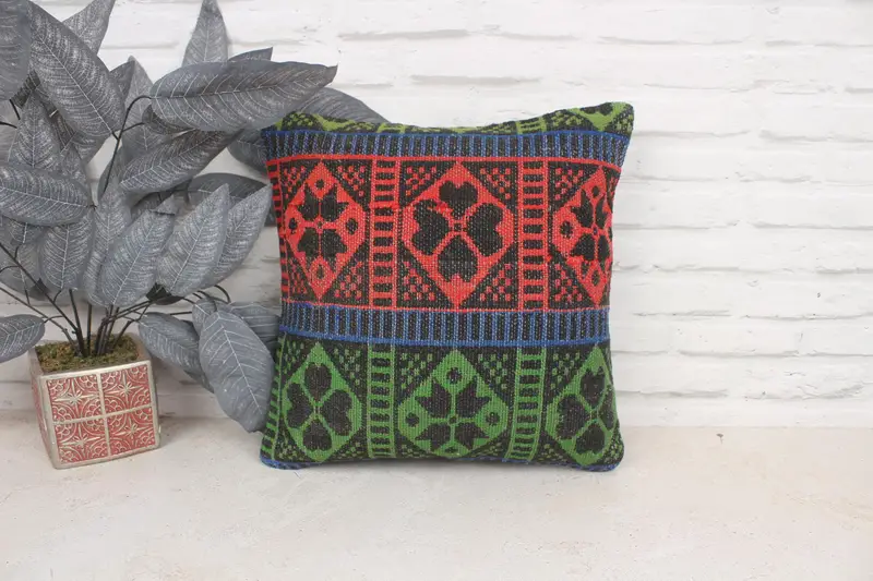 Boho Pillow, Bolster Throw Cushion, Kilim Pillow Cover, 16x16 Red Pillow Case, Vintage Kilim Pillow, Car Pillow, Cushion Cover, Handmade Pillow - 1