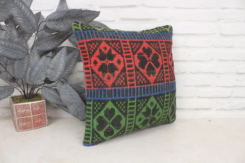 Boho Pillow, Bolster Throw Cushion, Kilim Pillow Cover, 16x16 Red Pillow Case, Vintage Kilim Pillow, Car Pillow, Cushion Cover, Handmade Pillow - 3