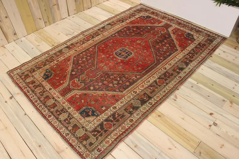 Vintage Area Rug 4.9x7.7 ft (150x235 cm), Oushak Red Abstract Turkish Rug - 1