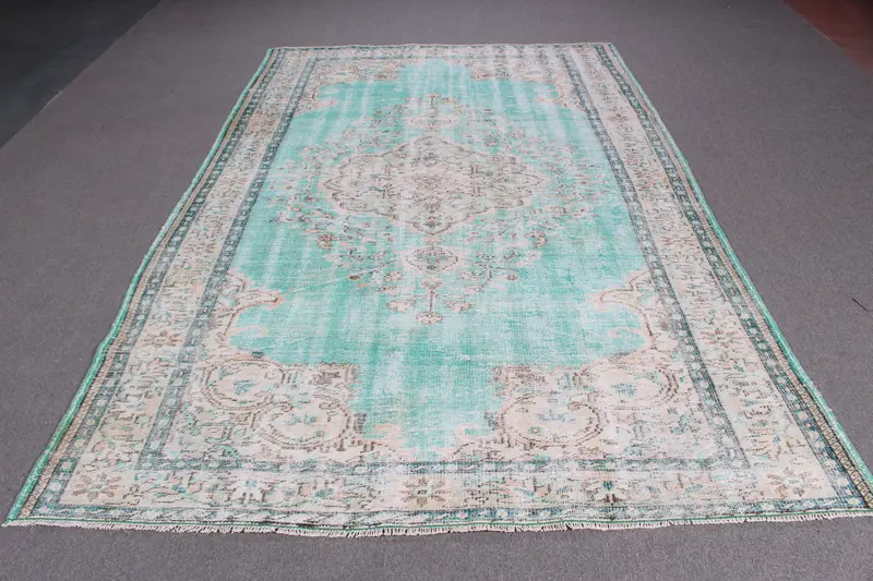 Vintage 6.3x9.5 ft Halı, Türk Büyük Halı, Mavi Bordürlü Halı - 1