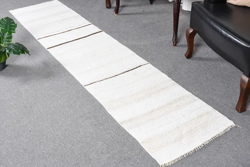 Alfombra turca de 1,7x8,1 pies, alfombra Kilim, lana de alfombra sólida blanca - 1