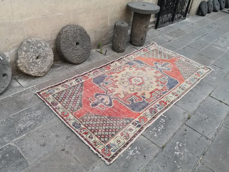 4x8.2 ft Area Vintage Turkish Rug, Red Striped Wool Rug - 1