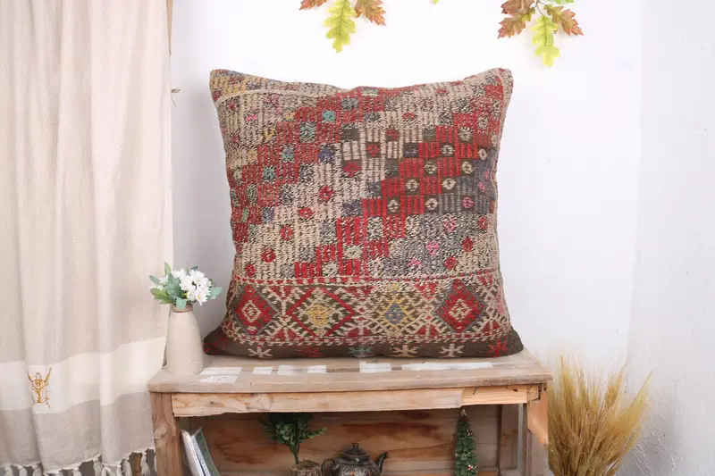 Lounge Throw Cushion Cover, 28x28 Red Pillow Sham, Cushion Cover, Handmade Kilim Cushion, Turkish Kilim Pillow, Vintage Kilim Pillow - 1