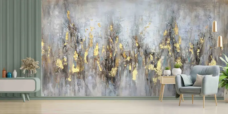 Zeitgenössische, moderne, abstrakt bedruckte Tapete in Grau und Gold