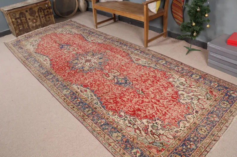 4.6x11.7 ft Halı, Türk Vintage Halısı, Kırmızı Patchwork Yün Halı - 1