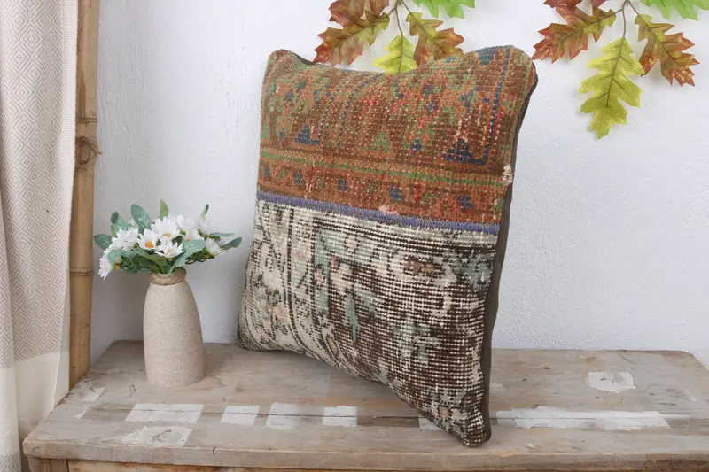 Bolster Throw Pillow Case, Pillow, Oriental Cushion Case, Home Decor Pillow, Turkish Kilim Pillow, Throw Kilim Pillow, 16x16 Brown Pillow Sham - 4